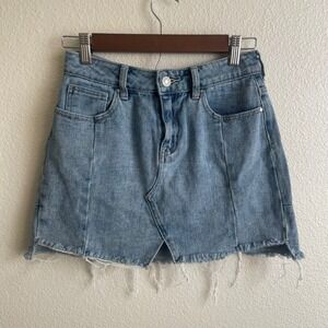 Y2K PACSUN Women's Size 25 Denim Mini Skirt Frayed Hem Front Slit Light Wash